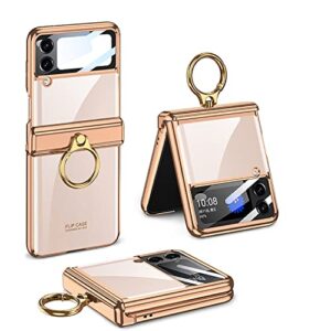shieid samsung galaxy z flip4 case with hinge protection, crystal hard pc bumper galaxy z flip 4 crystal case with ring transparent cover for samsung galaxy z flip4, mist gold