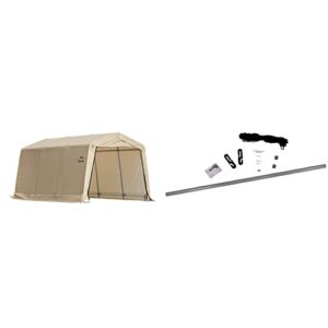 shelterlogic 10' x 15' x 8' all-steel metal frame peak style roof instant garage and autoshelter with waterproof and uv-treated ripstop cover, sandstone & pull-eaze roll-up door kit