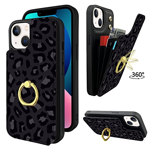 TopPerfekt Compatible with iPhone 13 Wallet Case with Card Holder, 360° Rotation Finger Ring Holder Kickstand Protective RFID Blocking PU Leather Pattern Double Buttons Flip Cover 6.1" Black Leopard