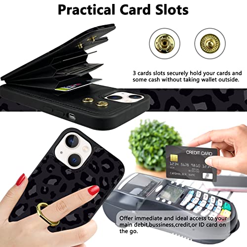 TopPerfekt Compatible with iPhone 13 Wallet Case with Card Holder, 360° Rotation Finger Ring Holder Kickstand Protective RFID Blocking PU Leather Pattern Double Buttons Flip Cover 6.1" Black Leopard