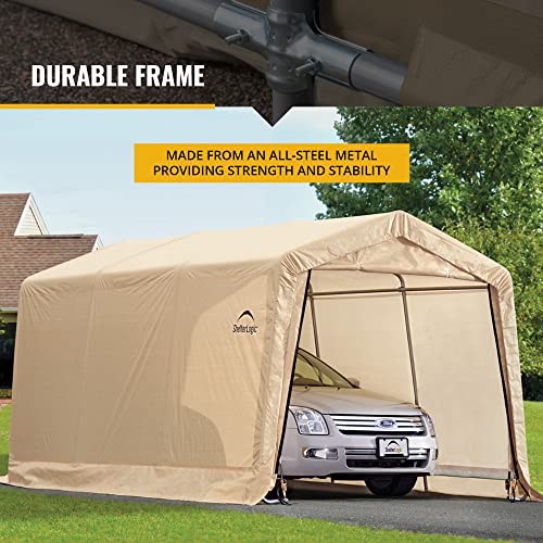 ShelterLogic 10' x 15' x 8' All-Steel Metal Frame Peak Style Roof Instant Garage and AutoShelter with Waterproof and UV-Treated Ripstop Cover, Sandstone & Pull-Eaze Roll-Up Door Kit