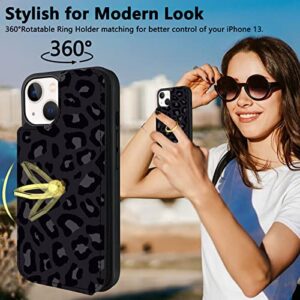 TopPerfekt Compatible with iPhone 13 Wallet Case with Card Holder, 360° Rotation Finger Ring Holder Kickstand Protective RFID Blocking PU Leather Pattern Double Buttons Flip Cover 6.1" Black Leopard