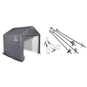 shelterlogic 6' x 6' shed-in-a-box all season steel metal frame peak roof outdoor storage shed, grey & shelterlogic shelterauger 4-piece 30-inch reusable heavy duty steel earth auger anchor kit