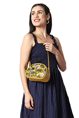 Sacci Mucci Women's Rainbow Sling Bag, Handmade Bags for Females - Vegan Leather and Canvas Fabric, Lightweight and Durable, floral Print, Mustard marigold, M