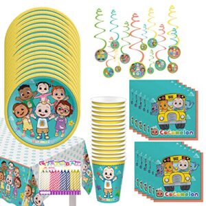 cocomelon party supplies pack serves 16: cocomelon birthday party supplies, cocomelon plates napkins cups table cover and hanging swirl decorations with birthday candles (bundle for 16)