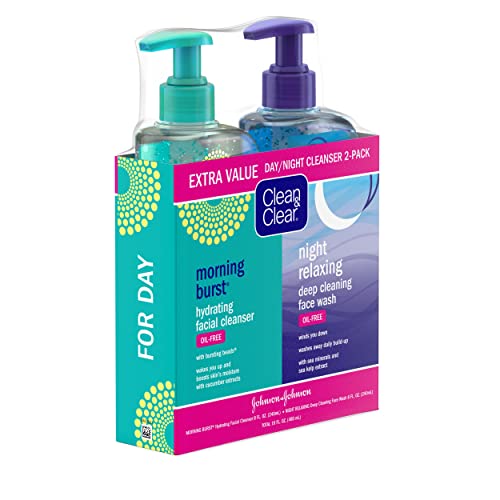 Clean & Clear 2-Pack Day & Night Daily Face Cleansers, Morning Burst Hydrating Facial Cleanser & Night Relaxing Deep Cleansing Face Wash, Oil-Free & Won't Clog Pores, 2 x 8 fl. oz