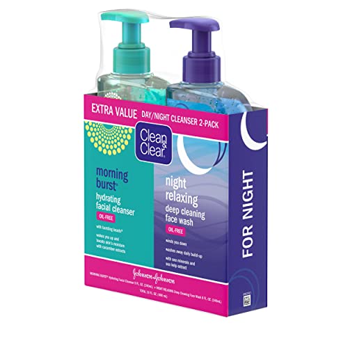 Clean & Clear 2-Pack Day & Night Daily Face Cleansers, Morning Burst Hydrating Facial Cleanser & Night Relaxing Deep Cleansing Face Wash, Oil-Free & Won't Clog Pores, 2 x 8 fl. oz