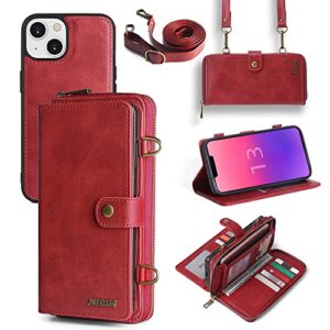 qixiu for iphone 13 wallet case, multi-function iphone 13 case, detachable 3 in 1 magnetic iphone 13 case wallet, flip strap zipper card holder phone case with shoulder straps for iphone 13(red)