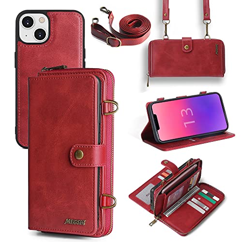 QIXIU for iPhone 13 Wallet Case, Multi-Function iPhone 13 Case, Detachable 3 in 1 Magnetic iPhone 13 Case Wallet, Flip Strap Zipper Card Holder Phone Case with Shoulder Straps for iPhone 13(Red)