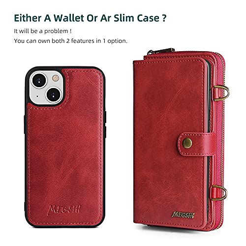 QIXIU for iPhone 13 Wallet Case, Multi-Function iPhone 13 Case, Detachable 3 in 1 Magnetic iPhone 13 Case Wallet, Flip Strap Zipper Card Holder Phone Case with Shoulder Straps for iPhone 13(Red)