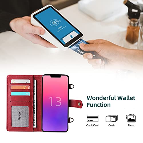 QIXIU for iPhone 13 Wallet Case, Multi-Function iPhone 13 Case, Detachable 3 in 1 Magnetic iPhone 13 Case Wallet, Flip Strap Zipper Card Holder Phone Case with Shoulder Straps for iPhone 13(Red)