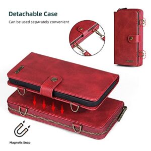 QIXIU for iPhone 13 Wallet Case, Multi-Function iPhone 13 Case, Detachable 3 in 1 Magnetic iPhone 13 Case Wallet, Flip Strap Zipper Card Holder Phone Case with Shoulder Straps for iPhone 13(Red)