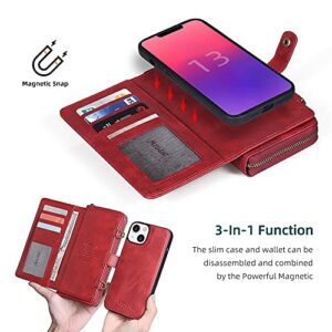 QIXIU for iPhone 13 Wallet Case, Multi-Function iPhone 13 Case, Detachable 3 in 1 Magnetic iPhone 13 Case Wallet, Flip Strap Zipper Card Holder Phone Case with Shoulder Straps for iPhone 13(Red)