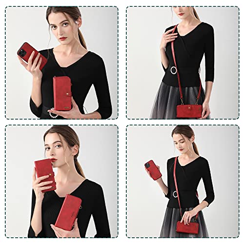 QIXIU for iPhone 13 Wallet Case, Multi-Function iPhone 13 Case, Detachable 3 in 1 Magnetic iPhone 13 Case Wallet, Flip Strap Zipper Card Holder Phone Case with Shoulder Straps for iPhone 13(Red)