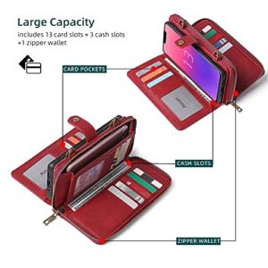 QIXIU for iPhone 13 Wallet Case, Multi-Function iPhone 13 Case, Detachable 3 in 1 Magnetic iPhone 13 Case Wallet, Flip Strap Zipper Card Holder Phone Case with Shoulder Straps for iPhone 13(Red)