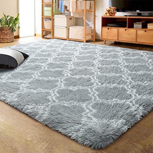LOCHAS Luxury Shag Area Rug 8x10 Feet Geometric Indoor Plush Fluffy Rugs, Extra Soft and Comfy Carpet, Moroccan Rugs for Bedroom Living Room Dorm Kids Nursery, Light Grey/White