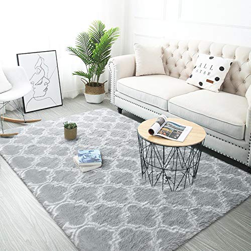 LOCHAS Luxury Shag Area Rug 8x10 Feet Geometric Indoor Plush Fluffy Rugs, Extra Soft and Comfy Carpet, Moroccan Rugs for Bedroom Living Room Dorm Kids Nursery, Light Grey/White