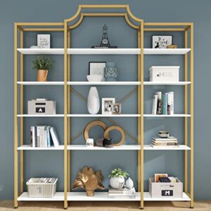 auromie triple wide 5-tier bookshelf, 70.87" l x 79.13" h extra large gold bookcase, tall display shelf with metal frame, freestanding etagere storage display shelf for home office, white gold