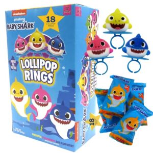 imaginings 3 baby shark lollipop rings, individually wrapped birthday party favors, character shaped assorted fruit flavored lollipops, candy goody bag fillers, 18 rings