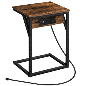 hoobro c-shaped end table with charging station, narrow sofa side table for small space, industrial bedside table with metal frame for study, living room, bedroom, couch, rustic brown bf06usf01