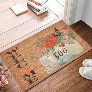 Coir Door Mat Natural Fade - Vinyl Backed Welcome Halloween Fall Summer Door Mat 16x24in Fall Floral Flowers Jars Sunflowers Pumpkins Houses Doormat Home Entryway Farmhouse Decor