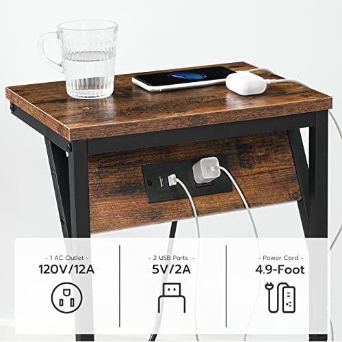 HOOBRO C-Shaped End Table with Charging Station, Narrow Sofa Side Table for Small Space, Industrial Bedside Table with Metal Frame for Study, Living Room, Bedroom, Couch, Rustic Brown BF06USF01