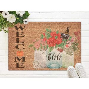 Coir Door Mat Natural Fade - Vinyl Backed Welcome Halloween Fall Summer Door Mat 16x24in Fall Floral Flowers Jars Sunflowers Pumpkins Houses Doormat Home Entryway Farmhouse Decor