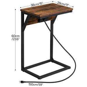 HOOBRO C-Shaped End Table with Charging Station, Narrow Sofa Side Table for Small Space, Industrial Bedside Table with Metal Frame for Study, Living Room, Bedroom, Couch, Rustic Brown BF06USF01