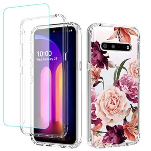 bohefo case for lg v60 thinq 5g case/lg v60/lm-v600 case with tempered glass screen protector, full body cute floral bumper shockproof protective phone case cover for lg v60 thinq (purple flower)