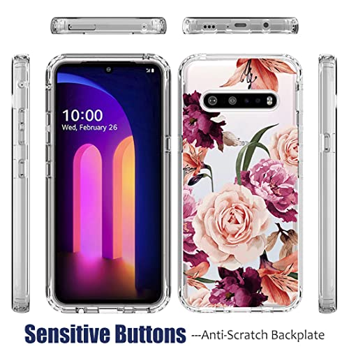 Bohefo Case for LG V60 ThinQ 5G Case/LG V60/LM-V600 Case with Tempered Glass Screen Protector, Full Body Cute Floral Bumper Shockproof Protective Phone Case Cover for LG V60 ThinQ (Purple Flower)