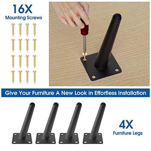Set of 4 Furniture Legs 6 Inch Modern Furniture Legs Mid Century Oblique Conical Metal Legs Metal High Tapered Slant Feet Sofa Replacement Legs for Desk, Cabinet, Table+Mounting Screws(Black)