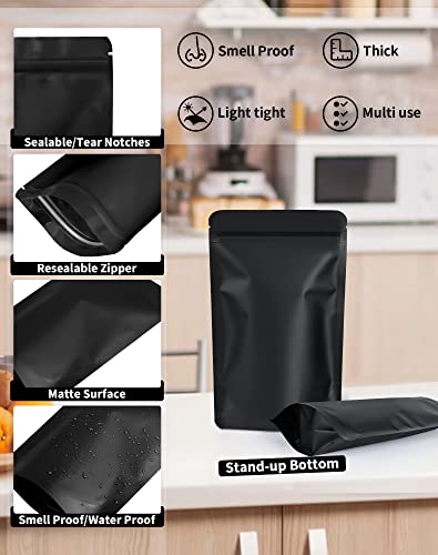 100 Pack Resealable Stand Up Bags,Smell Proof Pouch Sealable Foil Pouch Bags for Packaging (Black, 4.7" x 7.9")