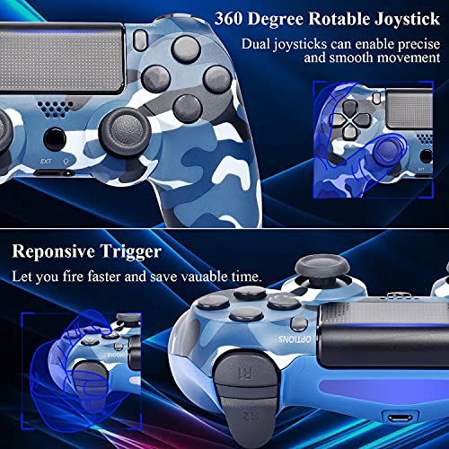 AUGEX Wireless Controller for PS4 Controller, Blue Camo Gamepad Compatible with Playstation 4 Controllers, Game Remote for PS4 Controller Pro with Joystick/Mando