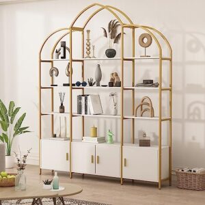 semoic triple wide 5-tier gold bookshelf, 70.87" l x 86.61" h extra bookcase with storage cabinet, modern etagere bookcase tall open display shelf for home office, gold&white