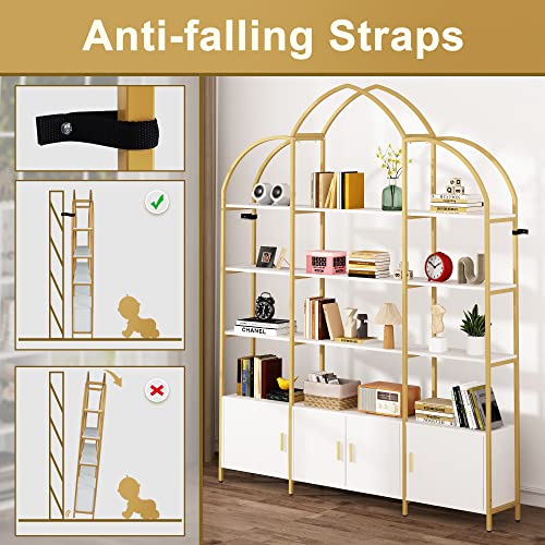 Semoic Triple Wide 5-Tier Gold Bookshelf, 70.87" L x 86.61" H Extra Bookcase with Storage Cabinet, Modern Etagere Bookcase Tall Open Display Shelf for Home Office, Gold&White