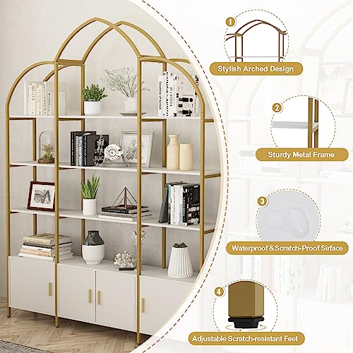 Semoic Triple Wide 5-Tier Gold Bookshelf, 70.87" L x 86.61" H Extra Bookcase with Storage Cabinet, Modern Etagere Bookcase Tall Open Display Shelf for Home Office, Gold&White