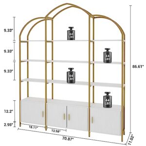 Semoic Triple Wide 5-Tier Gold Bookshelf, 70.87" L x 86.61" H Extra Bookcase with Storage Cabinet, Modern Etagere Bookcase Tall Open Display Shelf for Home Office, Gold&White