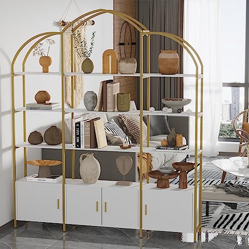 Semoic Triple Wide 5-Tier Gold Bookshelf, 70.87" L x 86.61" H Extra Bookcase with Storage Cabinet, Modern Etagere Bookcase Tall Open Display Shelf for Home Office, Gold&White