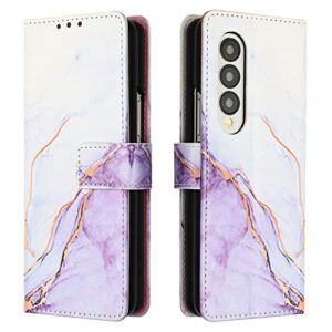 compatible with samsung galaxy fold 4 case wallet marble leather flip cases cover with credit card holder for women white purple with wrist strap for samsung galaxy z fold4