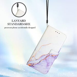 Compatible with Samsung Galaxy Fold 4 Case Wallet Marble Leather Flip Cases Cover with Credit Card Holder for Women White Purple with Wrist Strap for Samsung Galaxy Z Fold4