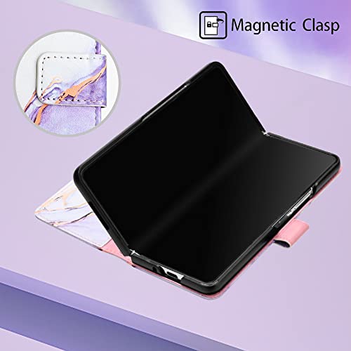 Compatible with Samsung Galaxy Fold 4 Case Wallet Marble Leather Flip Cases Cover with Credit Card Holder for Women White Purple with Wrist Strap for Samsung Galaxy Z Fold4