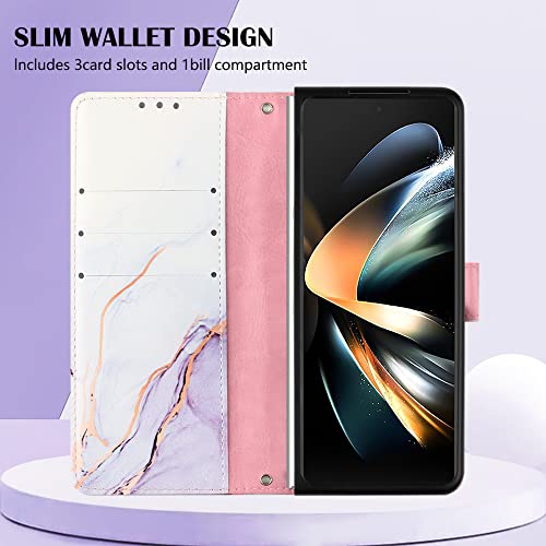 Compatible with Samsung Galaxy Fold 4 Case Wallet Marble Leather Flip Cases Cover with Credit Card Holder for Women White Purple with Wrist Strap for Samsung Galaxy Z Fold4