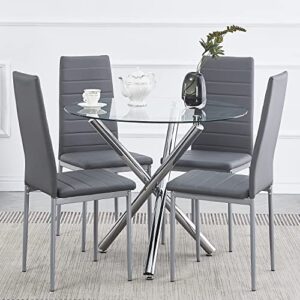 rozhome dining set for 4, round glass dining table with 3 legs and 4 metal chair for home office kitchen dining room 35.43" * 35.43" * 29.53"(l x w x h) (glossy silver+light slate gray)