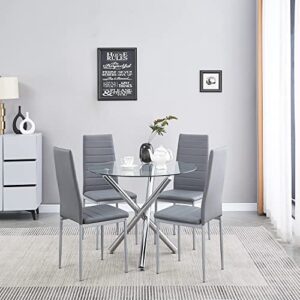 ROZHOME Dining Set for 4, Round Glass Dining Table with 3 Legs and 4 Metal Chair for Home Office Kitchen Dining Room 35.43" * 35.43" * 29.53"(L x W x H) (Glossy Silver+Light Slate Gray)