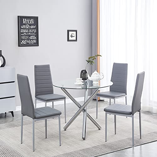 ROZHOME Dining Set for 4, Round Glass Dining Table with 3 Legs and 4 Metal Chair for Home Office Kitchen Dining Room 35.43" * 35.43" * 29.53"(L x W x H) (Glossy Silver+Light Slate Gray)