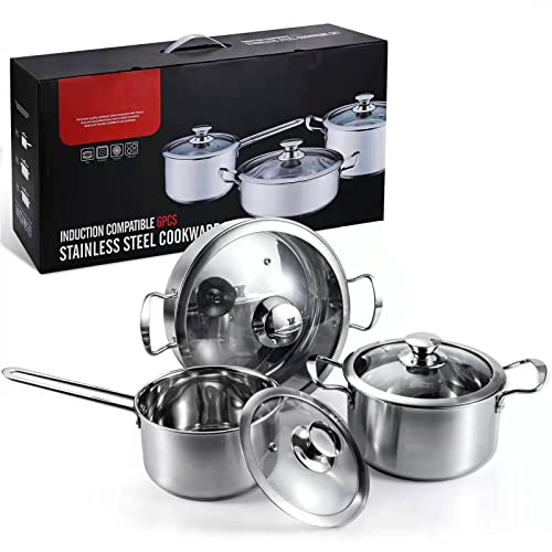 Stainless Steel pots and pans set, 6 Piece Nonstick Kitchen Induction Cookware Set,Works with Induction/Electric and Gas Cooktops, Nonstick, Dishwasher