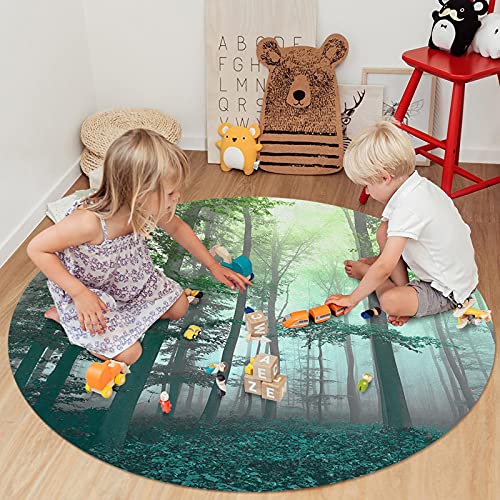 Round Area Rugs Autumn Carpet Washable Soft Indoor Stain-Proof Floor Mat Non-Skid Runner Rugs for Living Dining Room Bedroom Classroom Thanksgiving Day Themed Green Misty Forest 3ft
