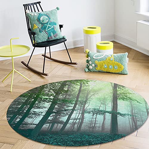 Round Area Rugs Autumn Carpet Washable Soft Indoor Stain-Proof Floor Mat Non-Skid Runner Rugs for Living Dining Room Bedroom Classroom Thanksgiving Day Themed Green Misty Forest 3ft