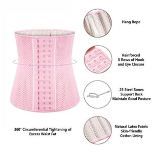 LARTIGUE Latex Waist Trainer for Women 25 Steel Boned 3 Hook Hourglass Body Shaper Corsets Cincher,Pink S