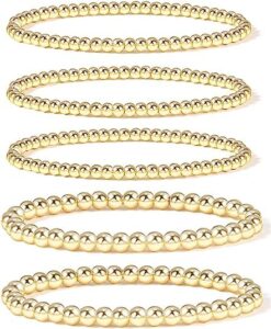 burei gold bead bracelets for women stackable gold bead bracelet for women dainty elastic stretch gold bracelets for girls gift (gold bead 5pcs)